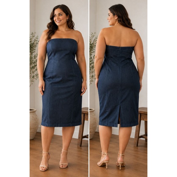 GAP Dresses & Skirts - Gap Women Sz 16 Strapless Dark Wash Denim Midi Dress Stretch 100% Cotton Minimal